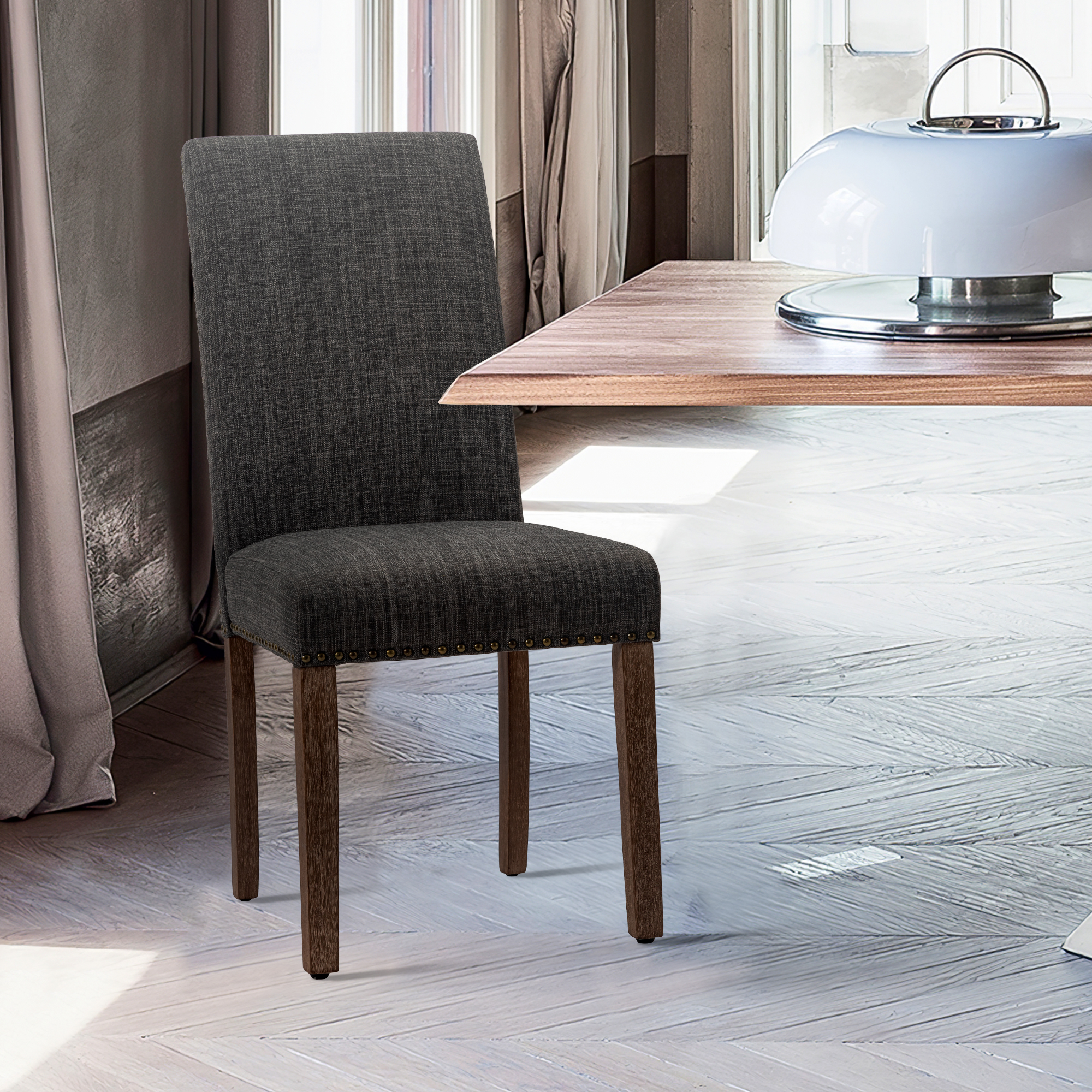 Dining Chairs Modern Upholstered Set of 2 Fabric Dining Chairs with Wood Legs Gray