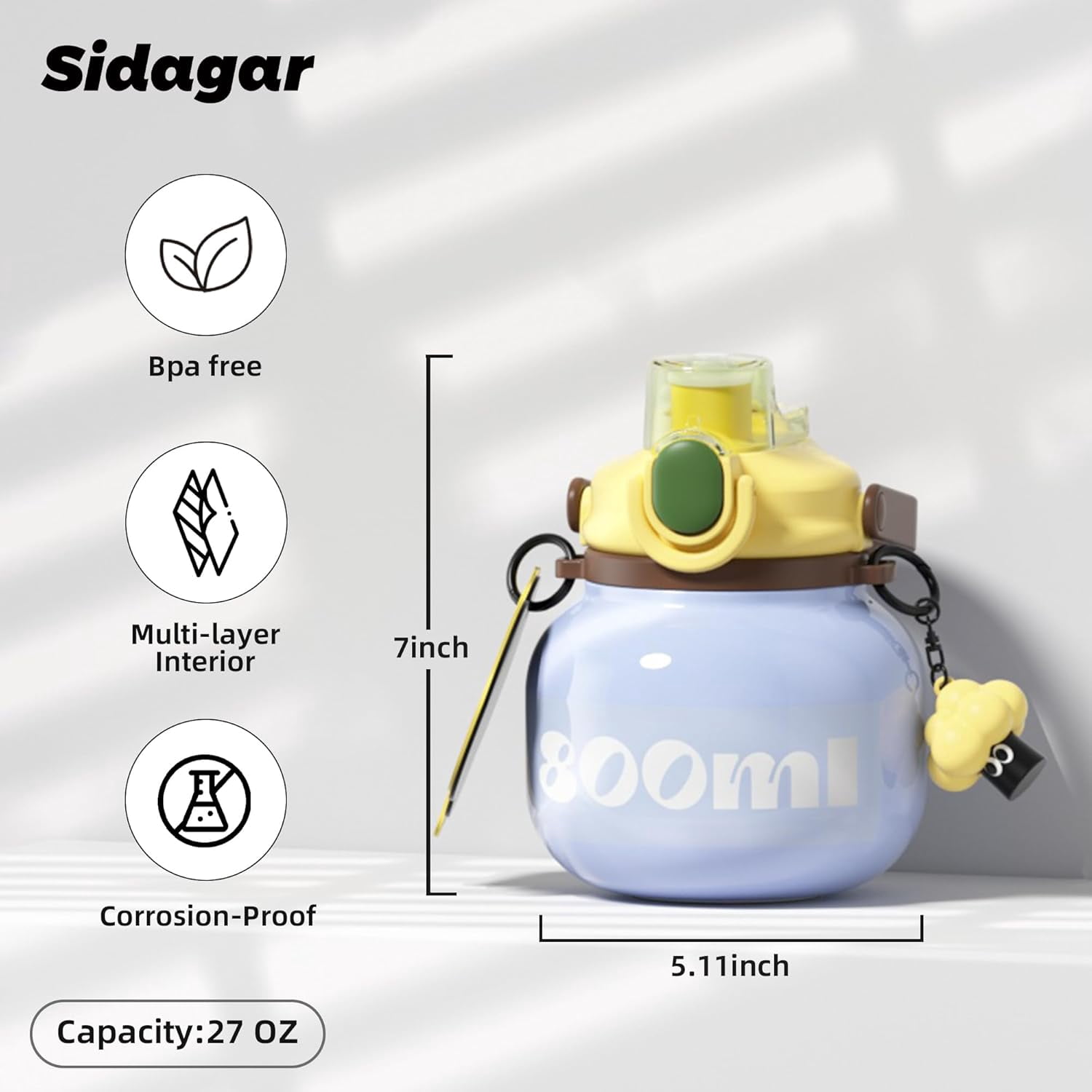 Sidagar 27 oz Stainless Steel Vacuum Insulated Water Bottle with Straw and Carry Handle, Blue