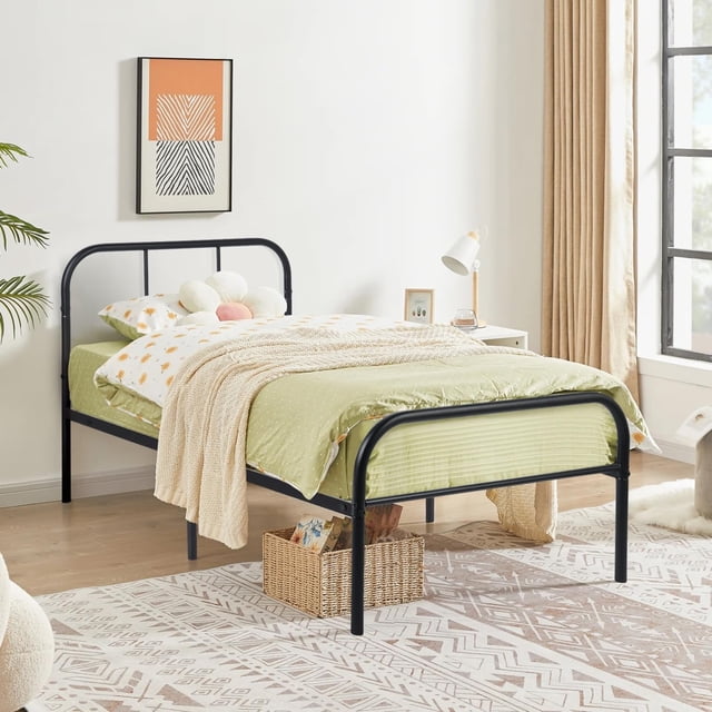 FurnitureR Cama Doble Armazón Cama Metal fácil Montaje con cabecera y pie Cama, Ninguno Funda colchón, Listones Fuertes y Resistentes Negro Colchón 190 * 140 cm Tatiana