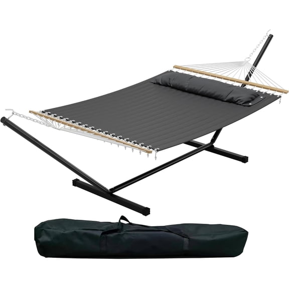 2-Person Hammock with Stand, Heavy-Duty Freestanding Hammock Bed with Steel Frame, Pillow & Carry Bag, Dark Grey