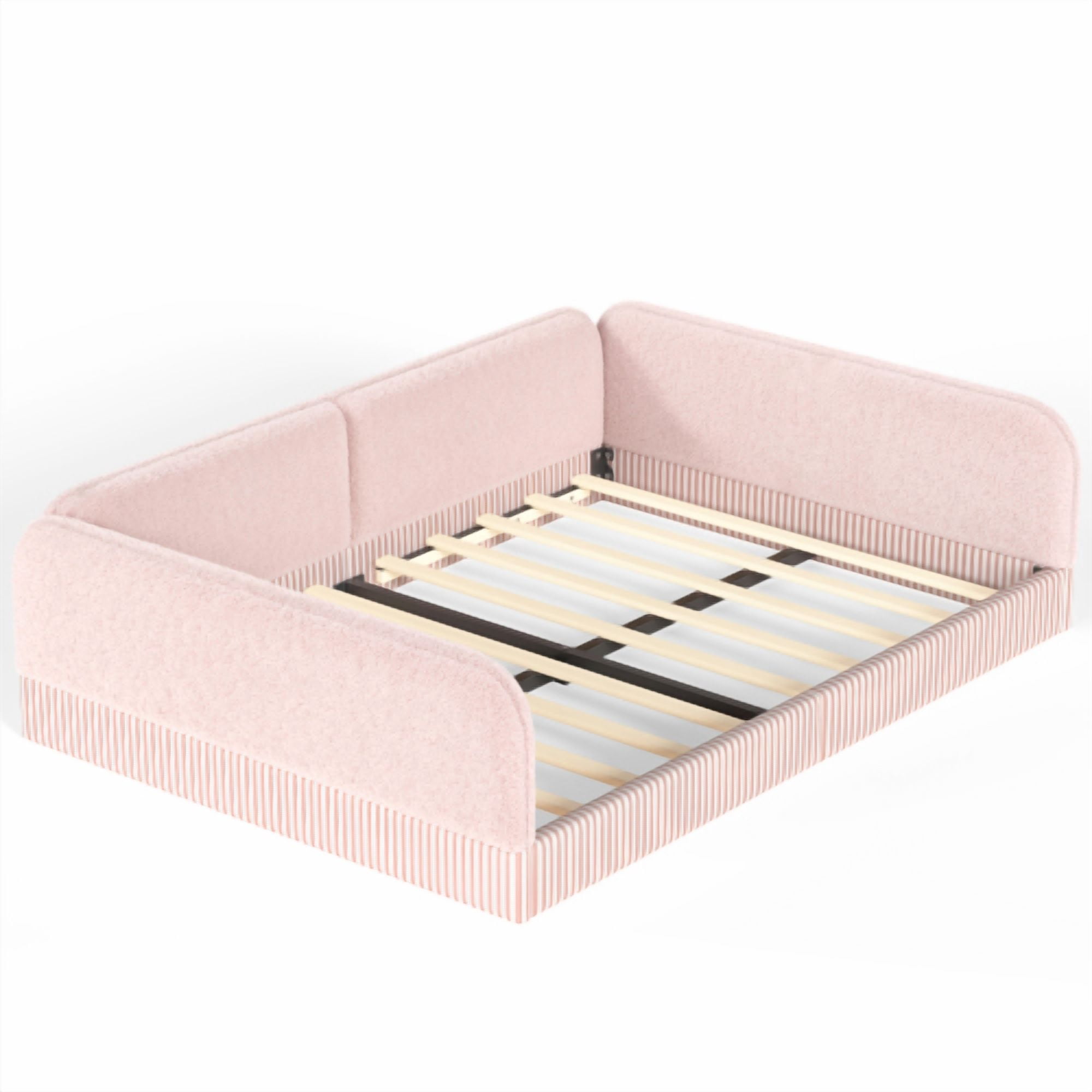 Queen Size Upholstered Teddy Fleece Floor Bed Frame, Half-Enclosed Montessori Low Profile Platform Bed with Full-Perimeter Guardrails for Kids, Pink