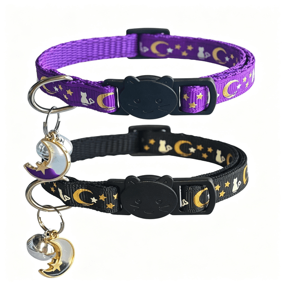 GASTROPOD 2 Pack Breakaway Cat Collars,Glow in Dark with Bell & Moon Star Pendant,Safety Buckle Kitten Collars Adjustable from 6.9-10.7" (Black/Purple)