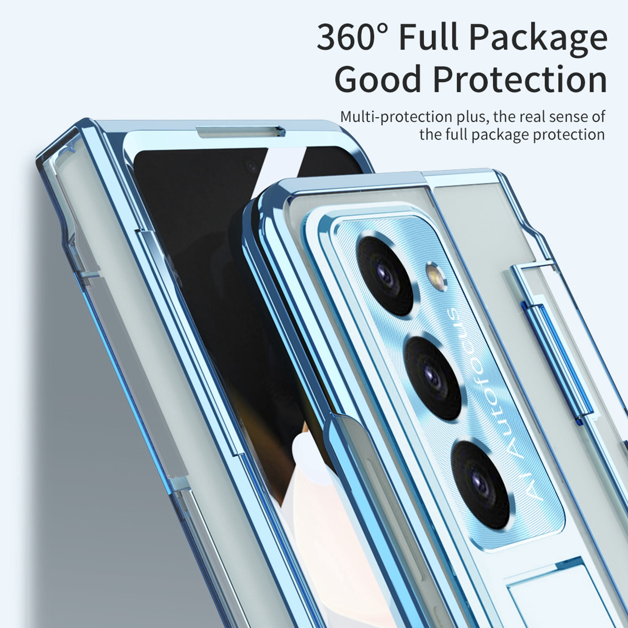Dteck for Samsung Galaxy Z Fold 5 Case, Hinge Protection with Kickstand, Transparent Clear Back Cover with Built-in Screen Protector Shockproof Full Protective Phone Case for Z Fold5 2023,Blue