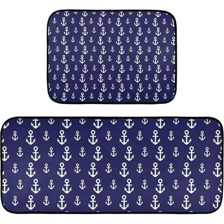 Wellsay Kitchen Rugs 2 Piece Waterproof Non Slip Kitchen Mat Nautical Anchor Blue Kitchen Rug Set for Sink Office Kitchen Cafe 19.7 x47.2 +19.7 x27.6