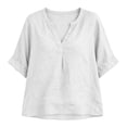 thumbnail image 3 of CaComMARK PI Linen Shirts for Women V Neck 3/4 Sleeve Loose Fit Cotton Tops Button Down Casual Dressy Clothes for Summer White, 3 of 7