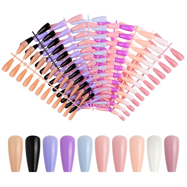 240 uñas postizas de colores mezclados con forma de bailarina larga, uñas artificiales pintadas de acrílico, manicura, diseño de bricolaje, decoración, 11 tamaños para mujeres y niñas (color elegante)