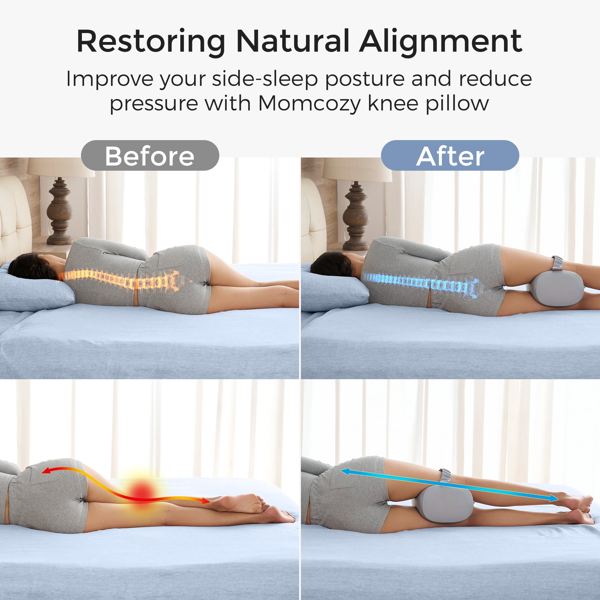 Momcozy Knee Pillow for Side Sleepers with Cooling Cover, Soft Memory Foam Spine Alignment Pregnancy Leg Pillow for HIPS, Back, Sciatica Pain, Fixed Strap for Moving, Wider Contact Even Pressure