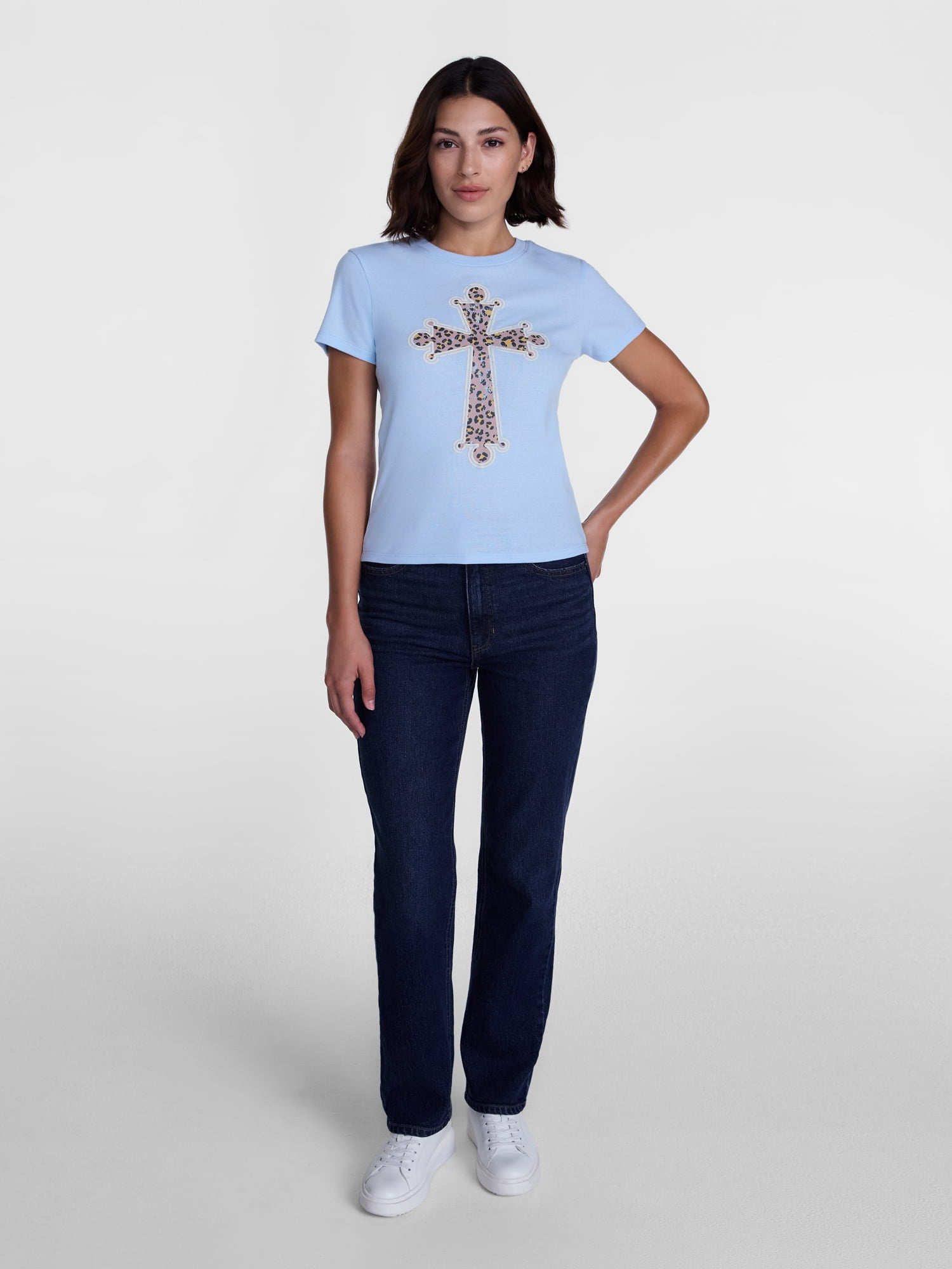 Junior's Graphic Baby Tee, Leopard Cross, Sizes XXS-XXL