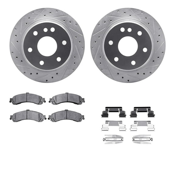 Dynamic Friction Company Rear Brake Rotors-Drilled and Slotted-Silver with Ultimate Duty Performance Brake Pads includes Hardware 7412-48028