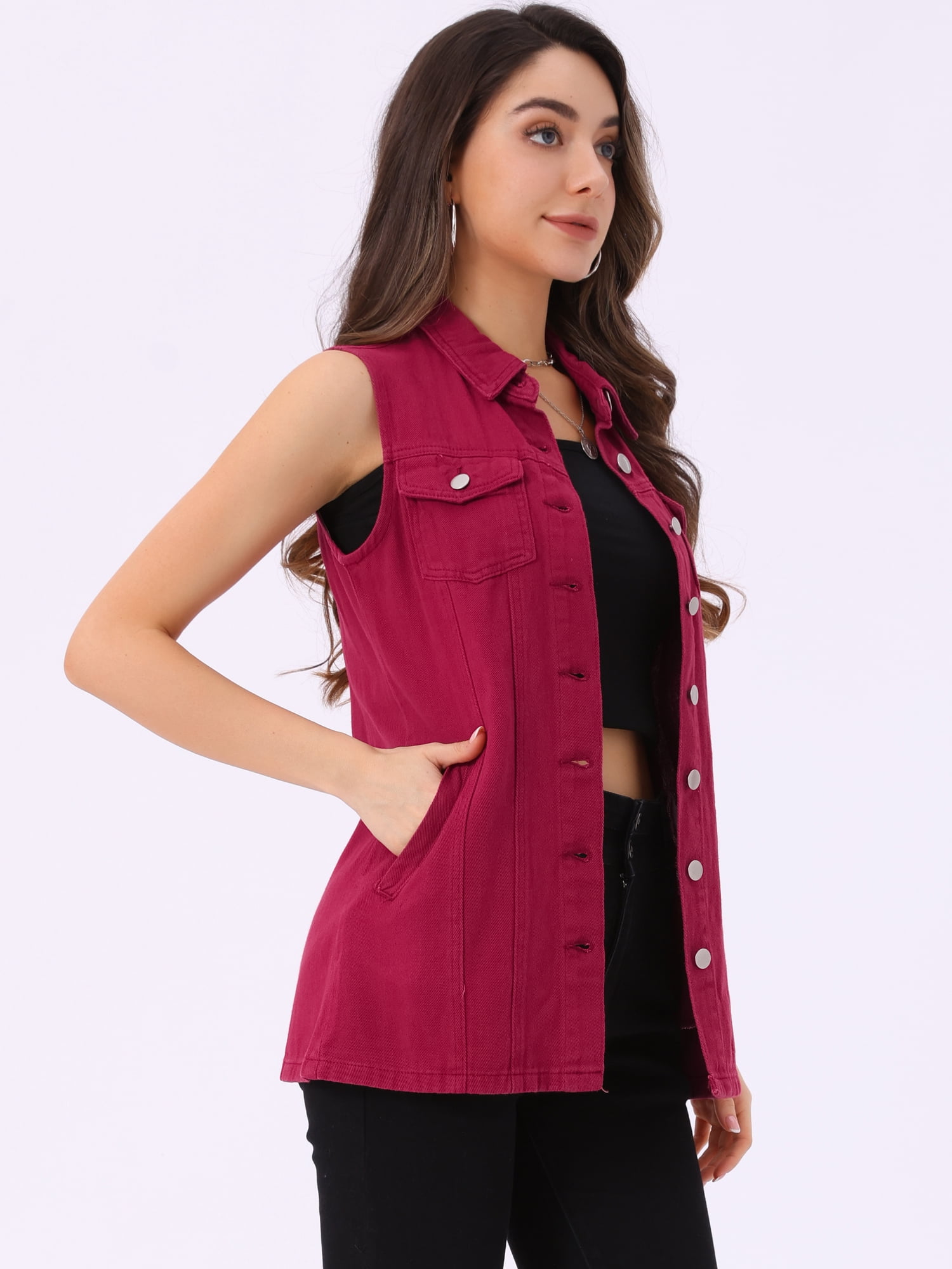 DARING DIVA Women's Button Down Sleeveless Pockets Mid-Long Denim Vest S Dark Red