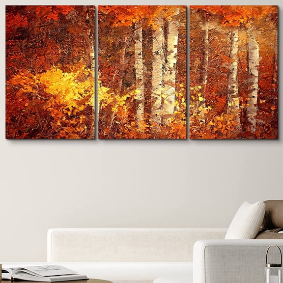 PixonSign Canvas Print Wall Art Set Autumn Forest with Orange Leaves Nature Wilderness Photography Realism Modern Landscape Relax/Calm Multicolor Ultra for Living Room, Bedroom, Office - 16"x24"x3