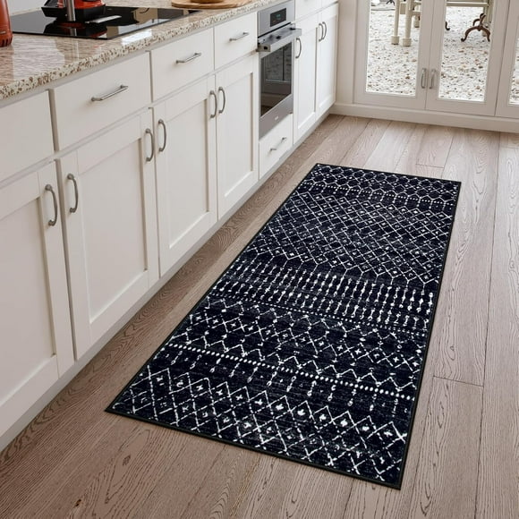 SHILIU-Moroccan Hallway Runner Rug, 2x4 Non-Slip Washable Runner Rugs, Low-Pile Kitchen Runner, Geometric Print Rug Runners for Hallways Entryway Laundry - Black