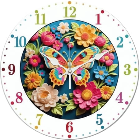 SBEMP10 Inch Silent Wall Clock, 3D Relief Colorful Butterfly Flower Decorative Wall Clock, Battery Operated Non-Ticking Round Clock for Living Room Bedroom Floral Home Decor