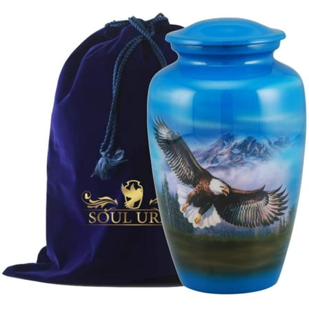 Cremation Urn for Adult Ashes- Handcrafted Blue Flying Eagle Urn for Human Ashes- Large Urn Container for Men & Women- Decorative Cremation Funeral Burial Urn Vase with Velvet Bag