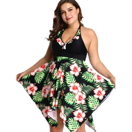 

Sexy Dance Plus Size Women Swimsuit Two Piece Swimdress With Swim Briefs Bottoms Ladies Swimwear Floral V Neck Beachwear Backless Swimming Push Up Bra Padded Tummy Control Bathing Suit