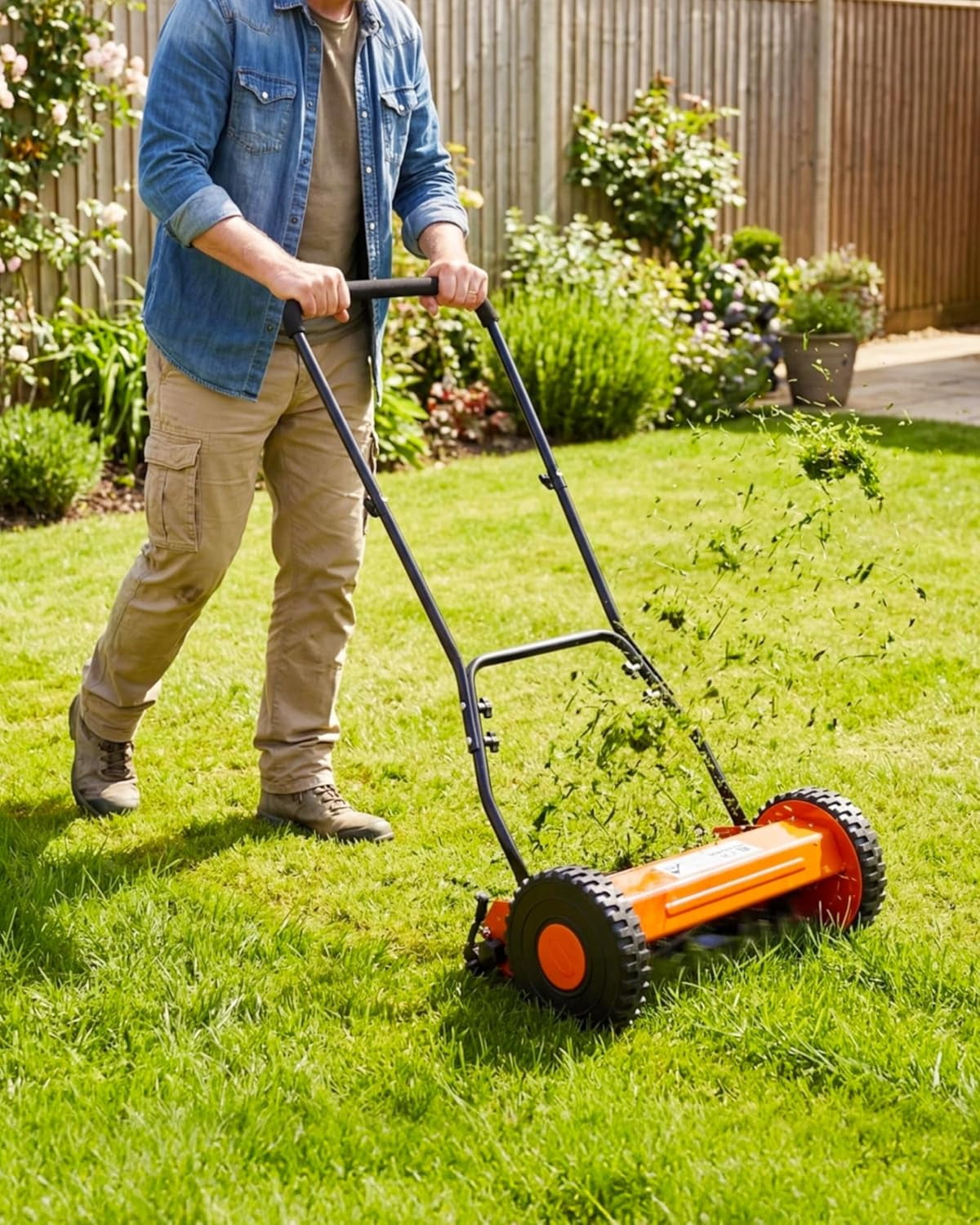 14in Push Reel Lawn Mower 5-Blade Manual Walk-Behind Mower Adjustable Cutting Height Compact Quiet for Small Yards and Easy Lawn Care