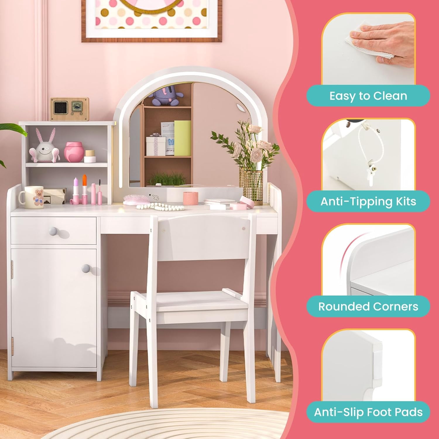 INFANS Kids Vanity, Princess Makeup Desk and Chair Set with Lights Mirror Drawer Storage Shelves, Wooden Dressing Table, Pretend Play Vanity Set for Toddler Girls