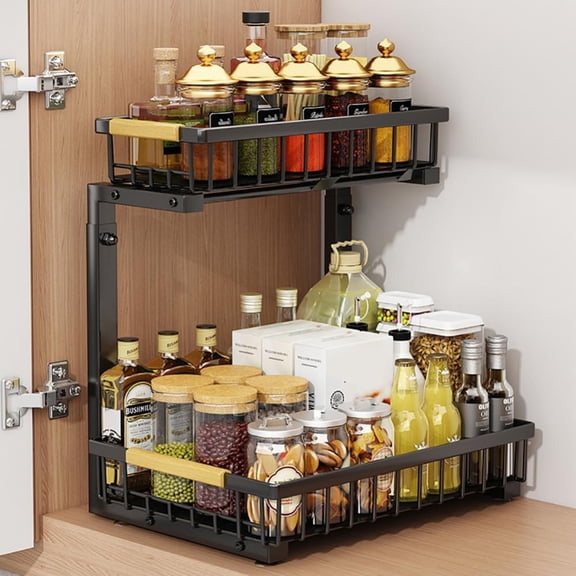 Under Sink Organizer, Under Kitchen Sink Organizers and Storage Basket, Slide Out 2 Tier Metal Shelf, Carbon Steel Pantry Cabinet Organizer for Bathroom Kitchen Black One Size