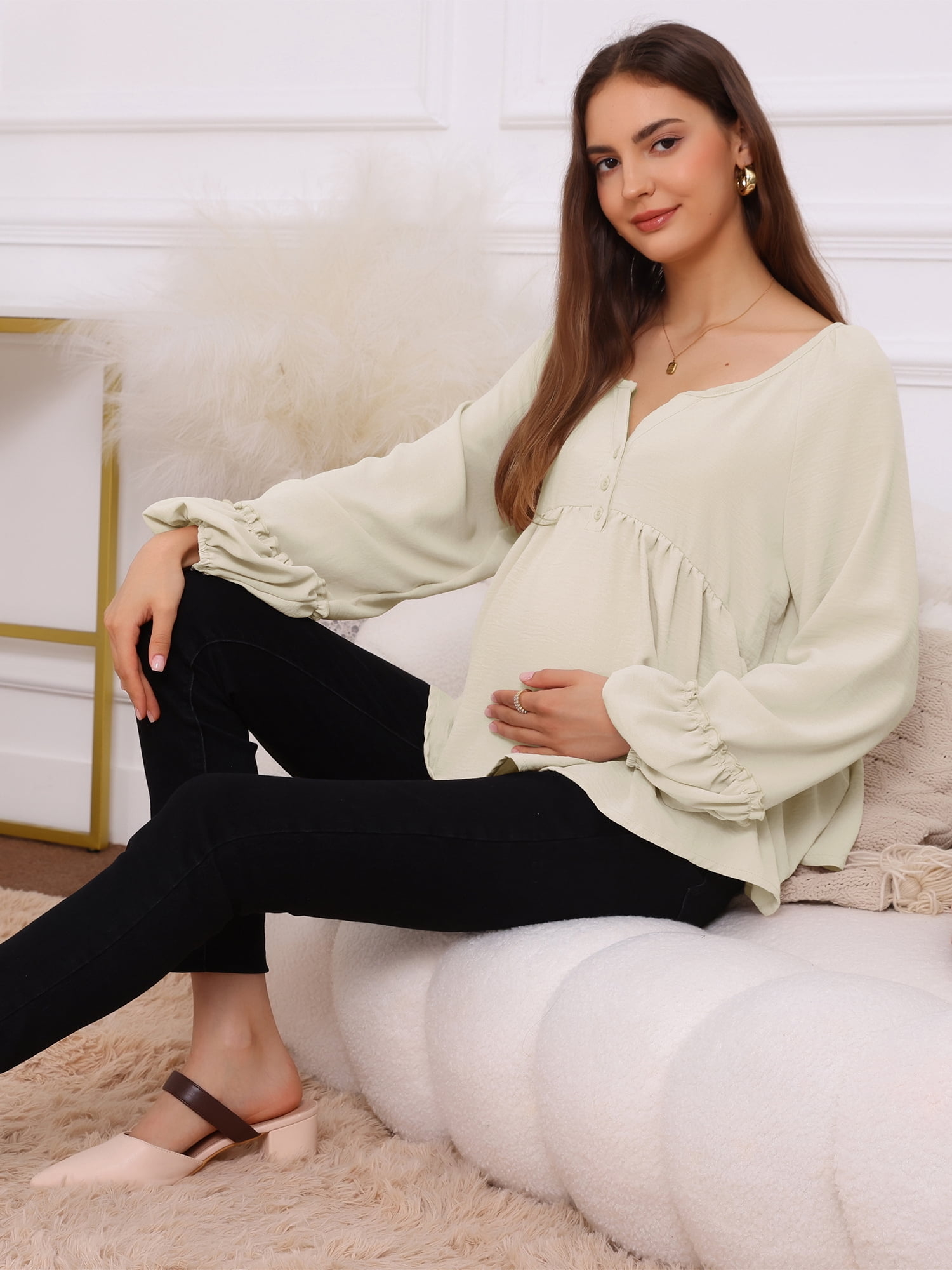 DARING DIVA Women's Maternity Empire Waist Babydoll Lantern Sleeve Blouse XL Beige