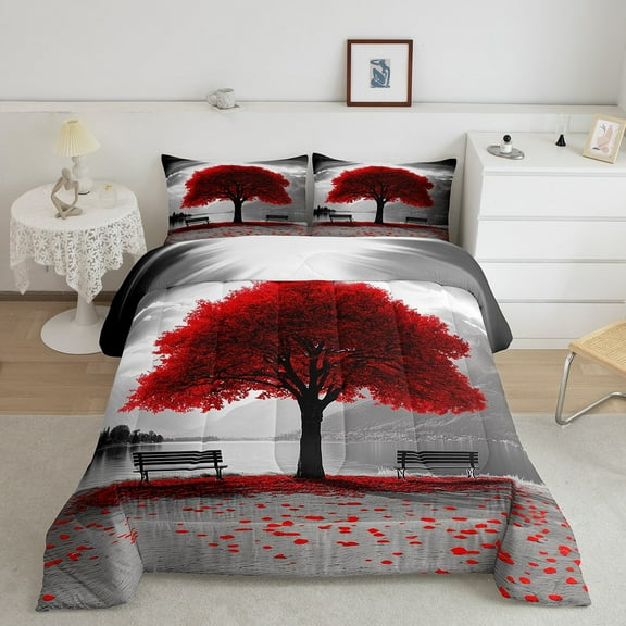 jejeloiu Romance Nature Theme Bedding Comforter Set,Tree River Mountain Twin Comforter Sets,Red Fall Leaves Bedding Set For Men Women,Ultra Soft Home Decor Reversible,2 Pieces