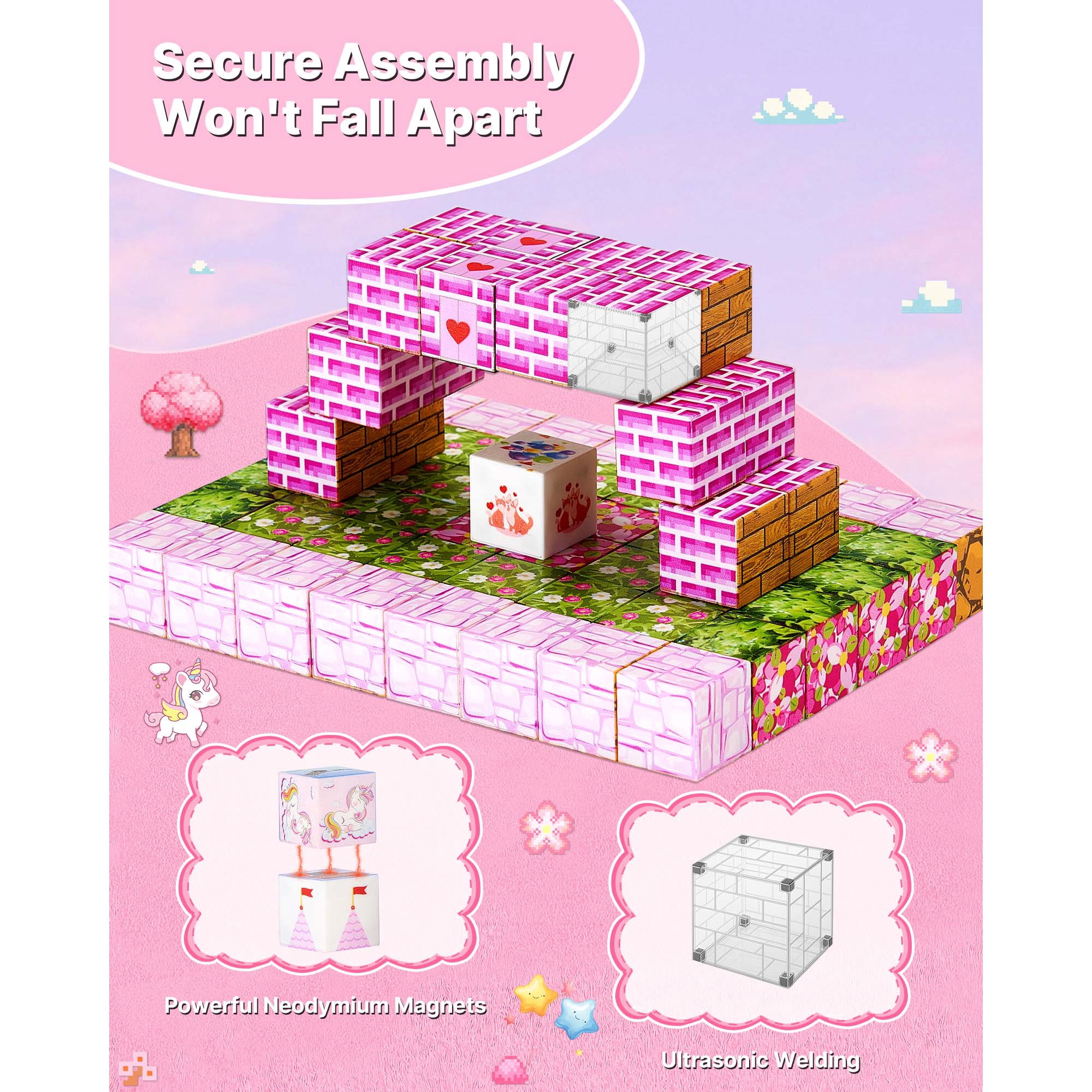 KFFKFF Magnetic Blocks, 100 PCS Princess Castle Set, Magnetic Building Cubes for Kids, STEM Montessori Sensory Toys for Holiday or Birthday Gift, Construction Stacking Toy for Children Aged 3 and Up