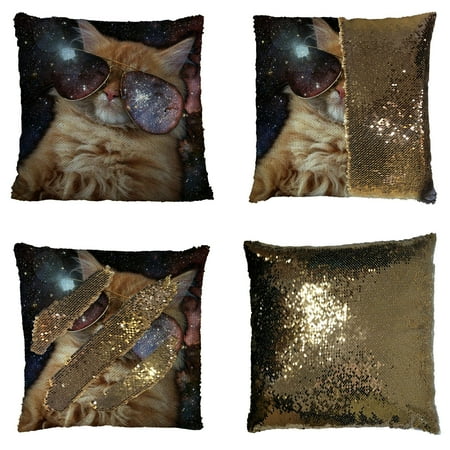 - GCKG Star Galaxy Outer Space Cool Sunglass Cat Reversible Mermaid Sequin Pillow Case Home Decor Cushion Cover 16x16 inches