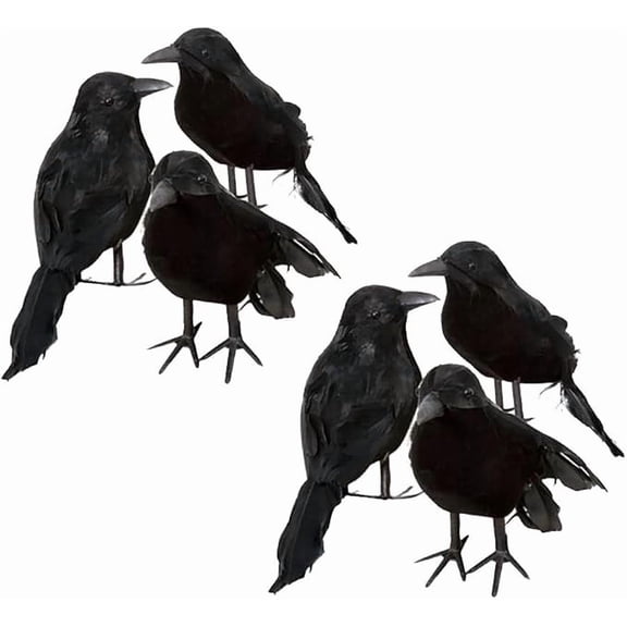 6 Pack Halloween Black Feathered Crows Black Birds Handmade Realistic Crow with Real Feathers Ravens Prop for Yard Tree Garden Patio Indoor Outdoor Halloween Party Decoration Supply