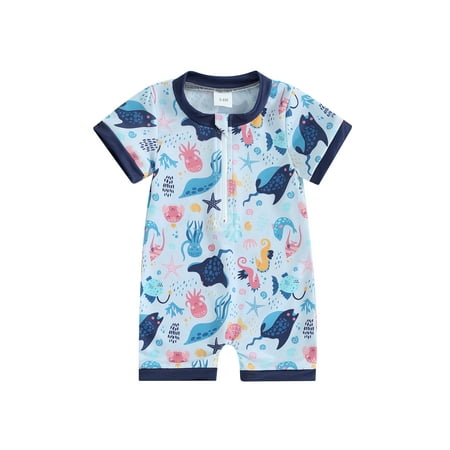 

Infant Baby Boy One Piece Swimsuit Dinosaur Octopus Print Short Sleeve Zip Up Rash Guard Sun Protection Bathing Suits