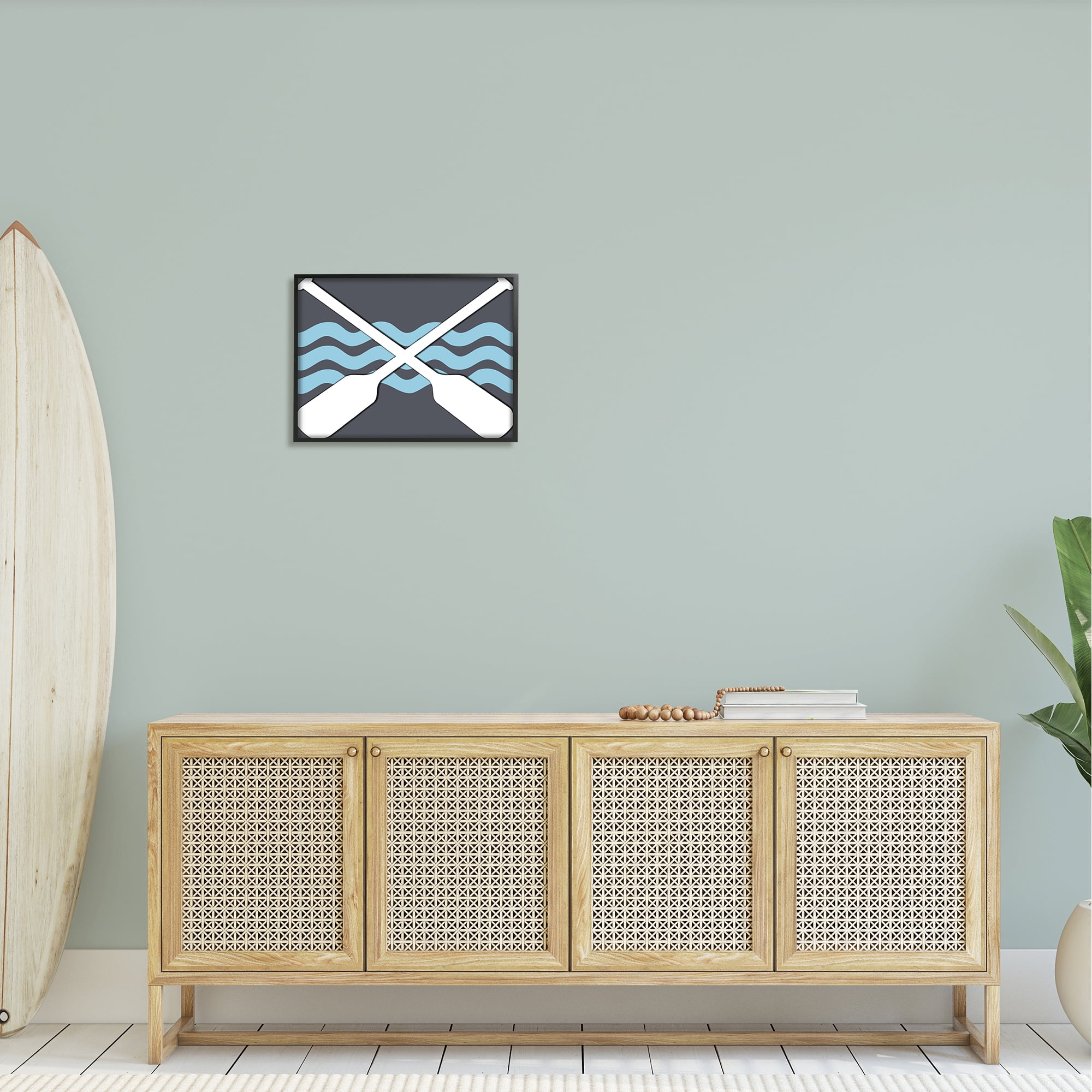 Stupell Crossed Boat Oars Sea Waves Landscape Painting Black Framed Art Print Wall Art
