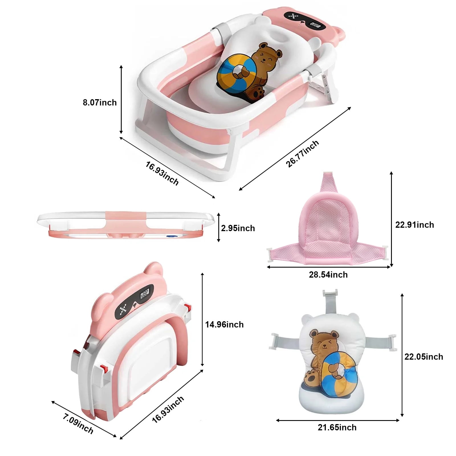 stusgo Collapsible Baby Bathtub, Plastic Baby Bath Tub with Soft Cushion & Thermometer（Pink）