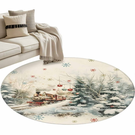 Christmas Round Area Rug 3 FT, Small Kitchen Bathroom Mat, Train Xmas Tree Snowflake Balls Washable Indoor Outdoor Throw Runner Carpet Non-Shedding Doormat for Table Shower Sofa Entryway