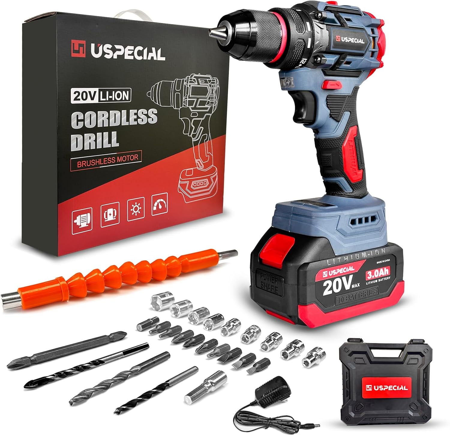 20V Cordless Brushless Power Drill Set, 3/8-Inch Chuck, 443 In-Lbs Torque, 2 Variable Speed