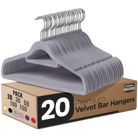 Utopia Home Premium Velvet Hangers 20 Pack - Non-Slip Clothes Hanger with Tie Bar - Grey Hangers with 360 Degree Rotatable Hook - Heavy Duty Coat Hanger