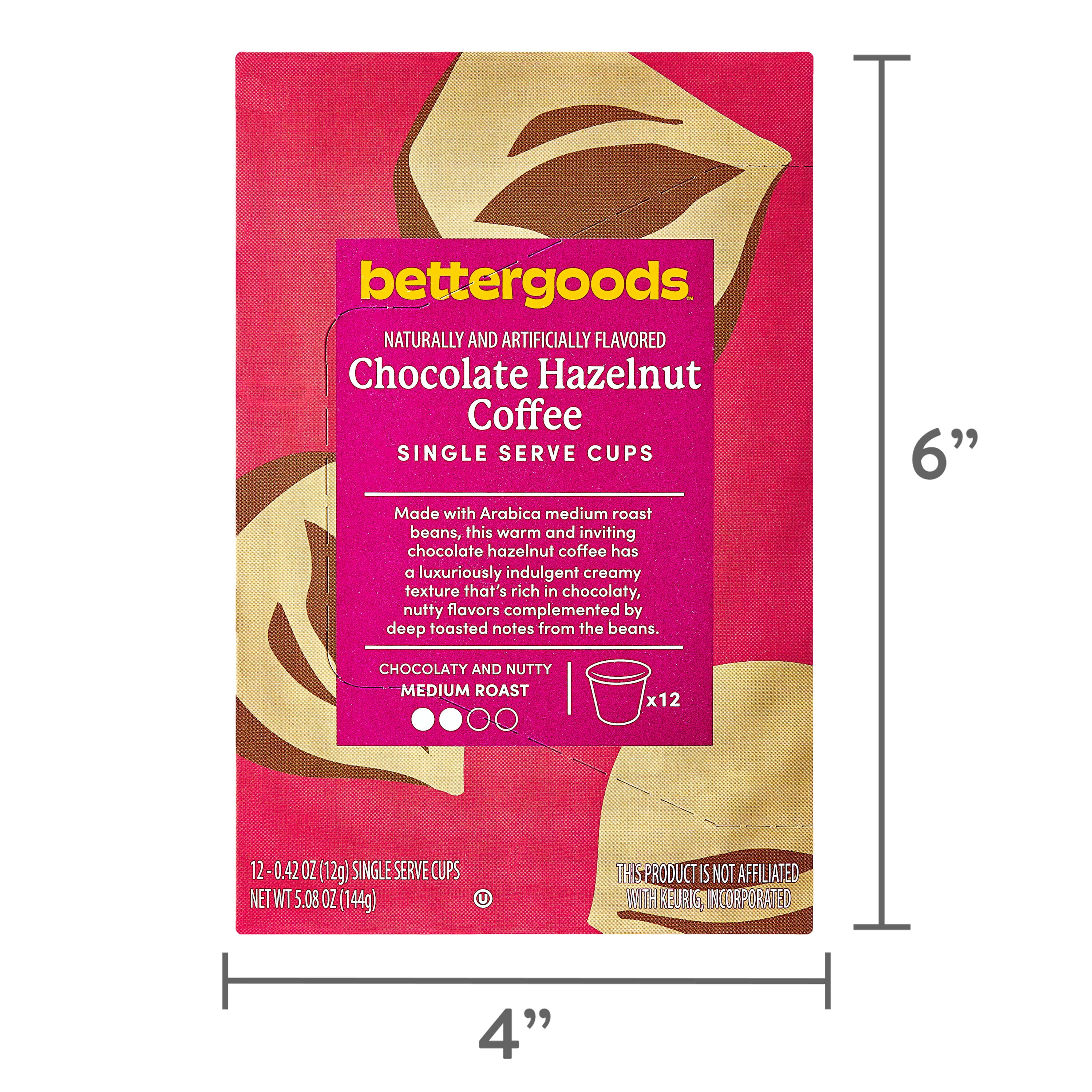 (6 pack) bettergoods Chocolate Hazelnut Flavored Coffee, Medium Roast, Single Serve Cups, 0.42 oz, 12 Count