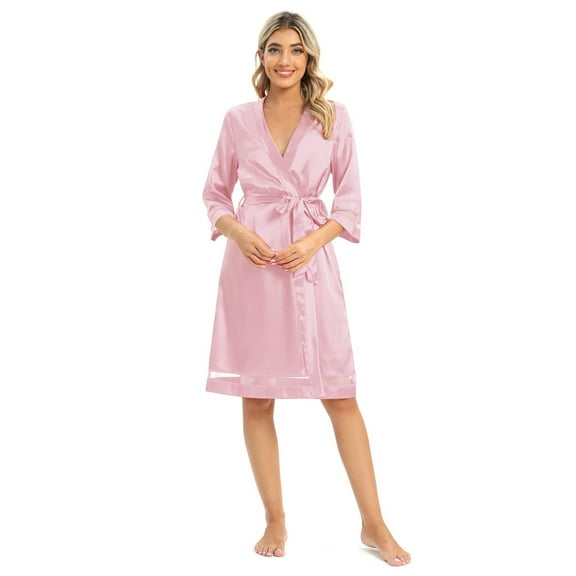 Women Nightgown Silky Satin Kimono Robes Knee Length Bridesmaid Pajama Dress Lightweight Dressing Gown Bathrobe Sleepwear, Pink