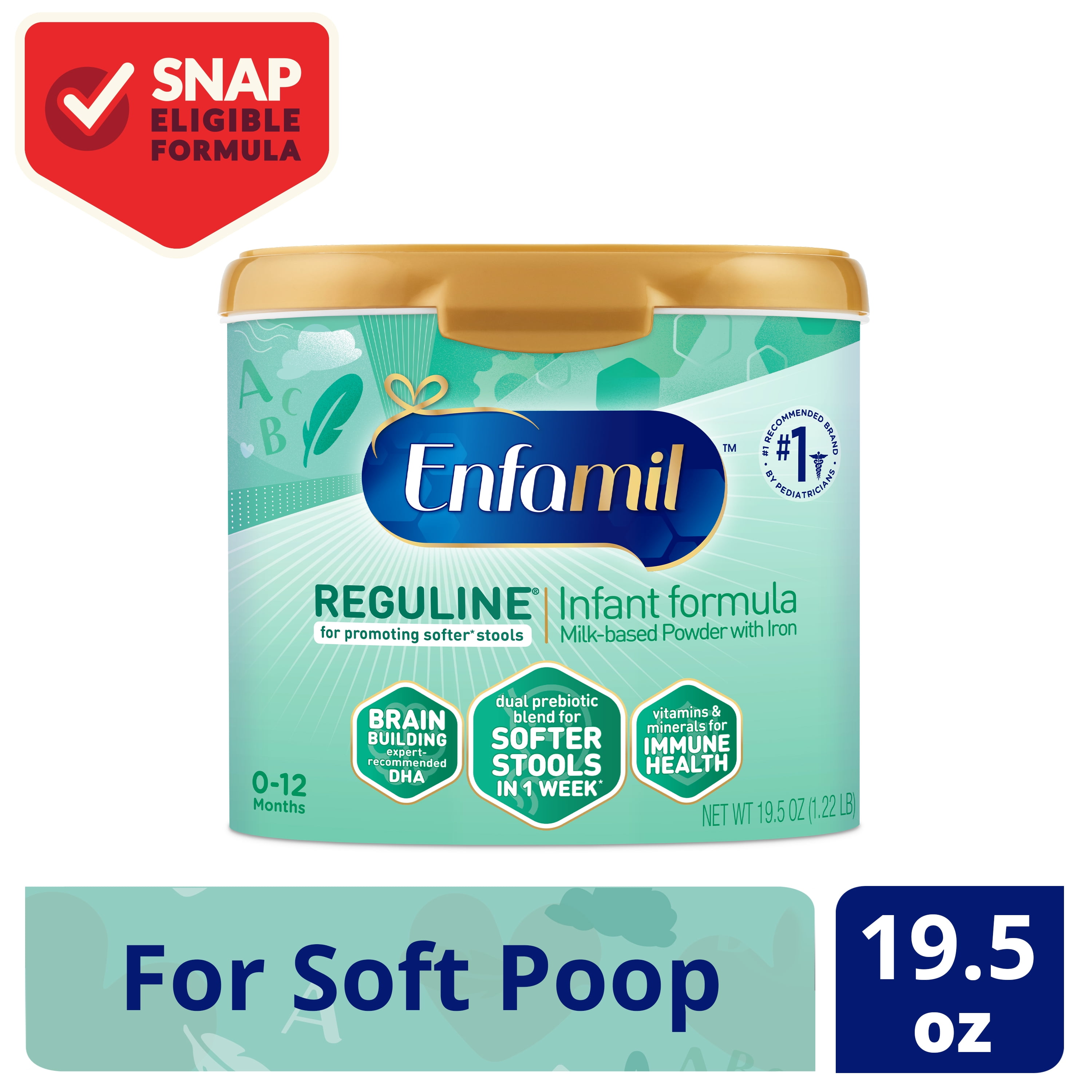 Enfamil Reguline Baby Formula, Designed for Soft, Comfortable Stools, with Omega-3 DHA & Probiotics for Immune Support, Reusable Powder Tub, 19.5 Oz