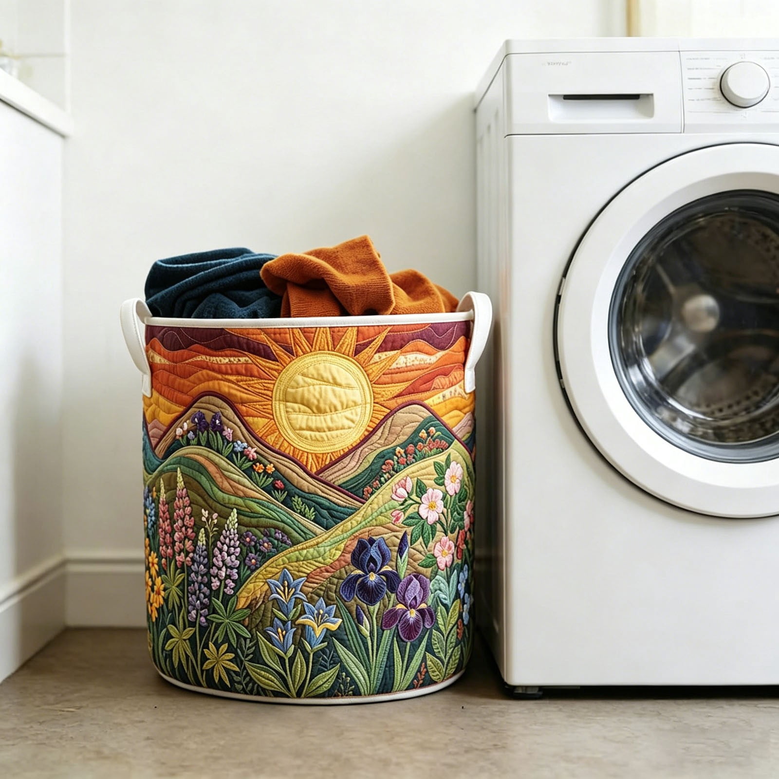 Quilted Laundry Basket with Handles, Boho Floral Quilted Storage Hamper, Large Soft Fabric Laundry Basket for Nursery, Bedroom, Laundry Room, Clothes & Toys (Pattern 04, Large (18"H x 14"W x 14"L))