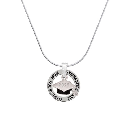 Delight Jewelry Silvertone 3-D Graduation Hat with 2025 Gymnastics Mom Ring Charm Necklace, 18"