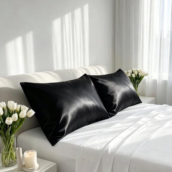 2 Pack Satin Standard Pillowcases for Hair and Skin, Luxurious and Silky Pillow Cases with Envelope Closure, 20x29 Inches, Black