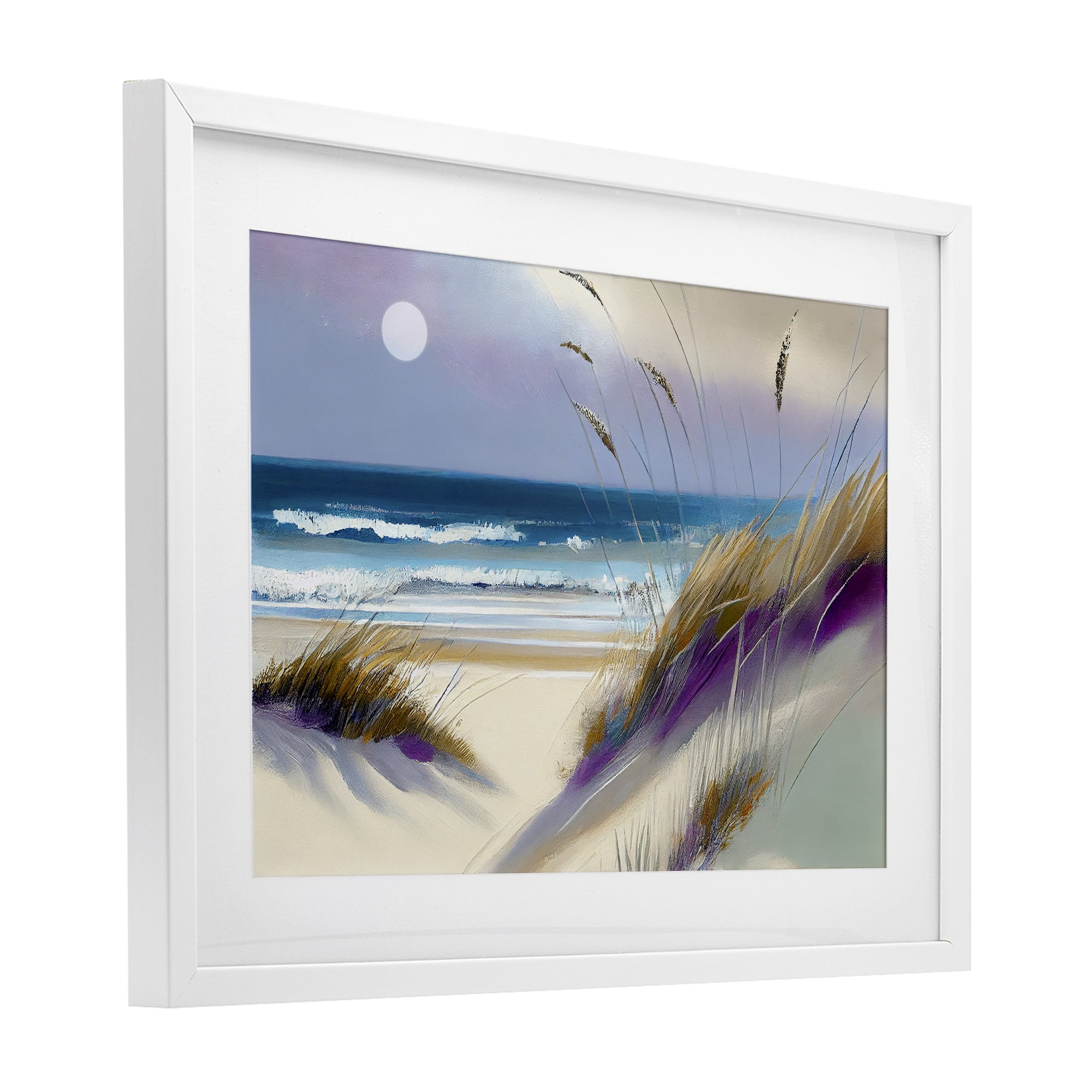 Beach Dunes Serenity White Framed Print Under Glass, design by Sasha