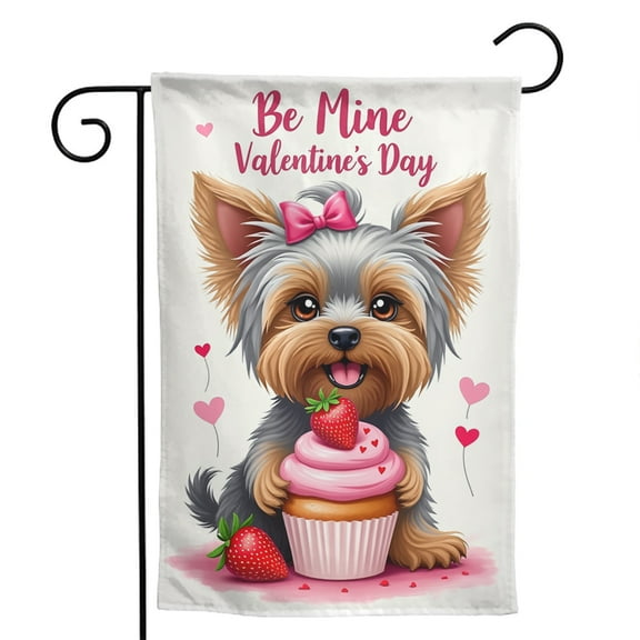 Double Sided Garden Flag, Be Mine Valentine's Day Happy Yorkie Dog Cupcake Decor Polyester Flag for Outdoor Yard Patio Lawn, 12.5 x 18 Inch Sweet Lawn Ornament