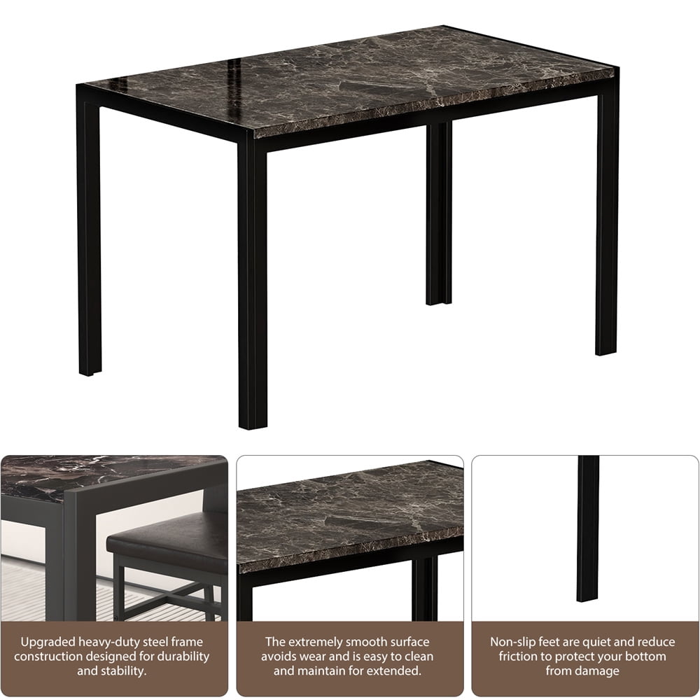 UHOMEPRO Dining Table Set for 4, 5 Piece Dining Room Table Set with Black PU Leather Chairs, Brown Faux Marble Pattern Rectangle Kitchen Table Set for Breakfast Nook Small Space