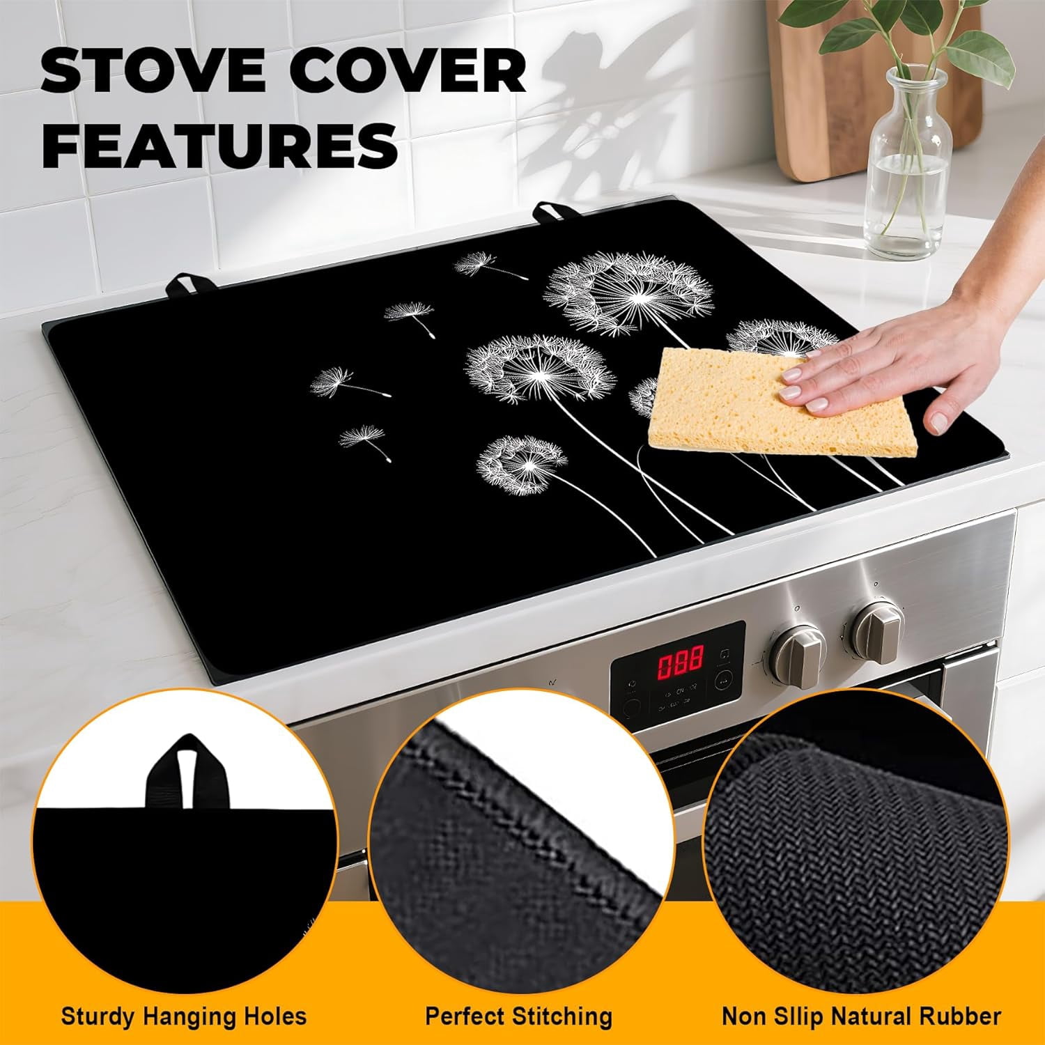 Stove Top Cover Flower Gas Stove Top Cover for Home Decoration Kitchen Pad Non-Stick Washable Cooktop Covers Countertop Protector Keep Stove Clean (Dandelion, 28L"x20W")