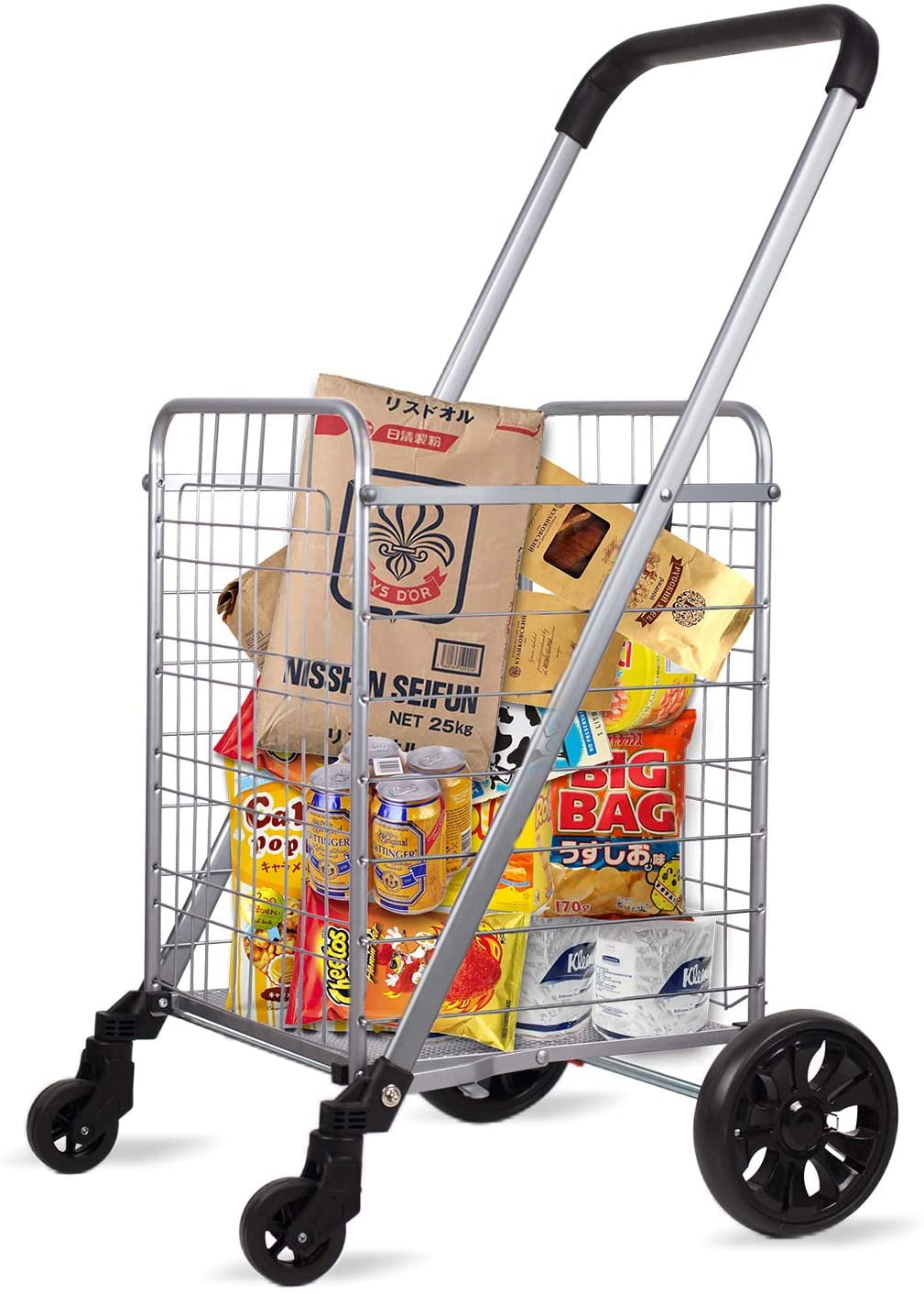 Grocery Shopping Cart with Swivel Wheels, Folding Shopping Cart with