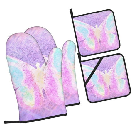 

Balery Purple Sparkling Butterfly Pattern Oven Mitts and Pot Holders 4 pcs Set Kitchen Oven Glove High Heat Resistant 500℉ Oven Mitts with Non-Slip Silicone Surface