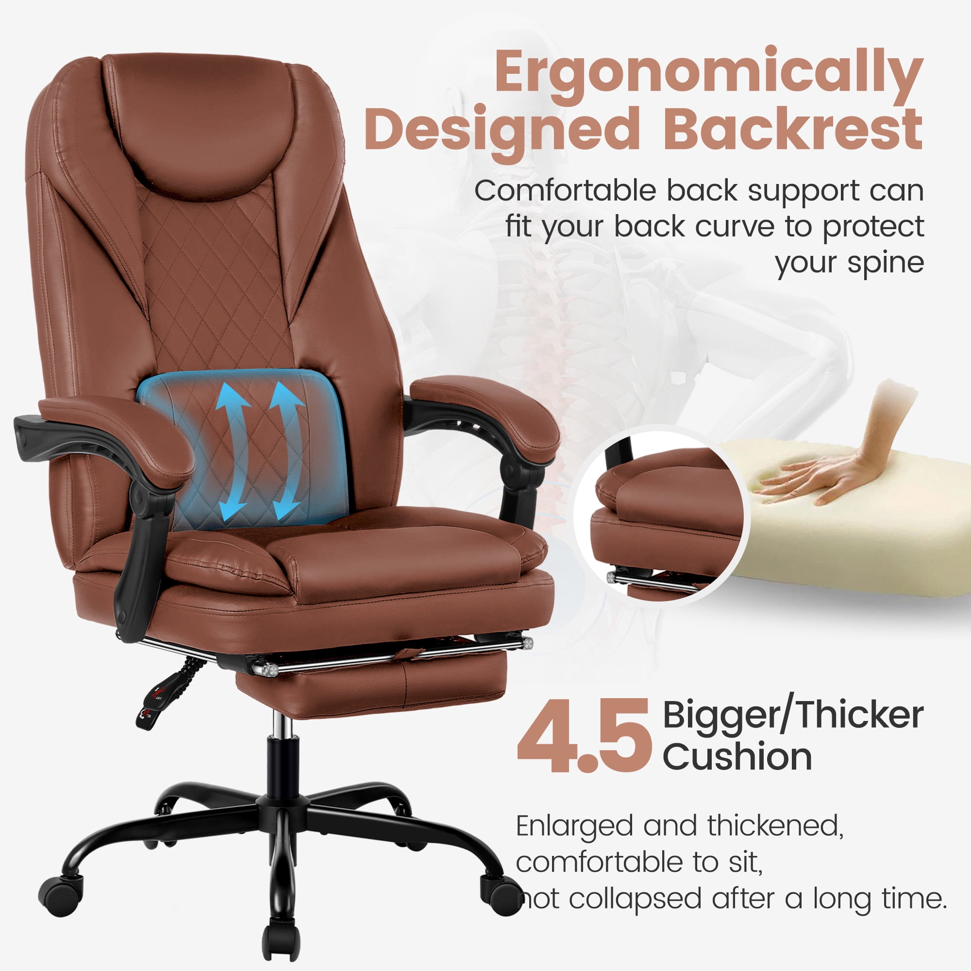 COOLHUT Executive Office Chair, Big and Tall Office Chair with Footrest Reclining Faux Leather Chair High Back Lumbar Support Ergonomic Office Chair with Padded Armrests, Brown