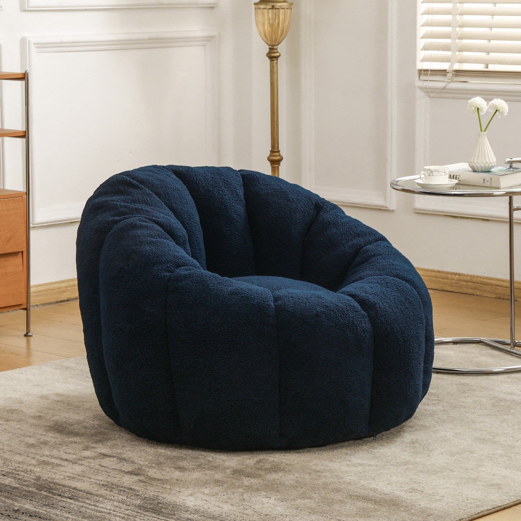 Bean Bag Chair for Adults, Faux Fur Memory Foam Bean Bag Sofa with Armrests, Fluffy Lazy Chair for Living Room Bedroom, Dark Blue