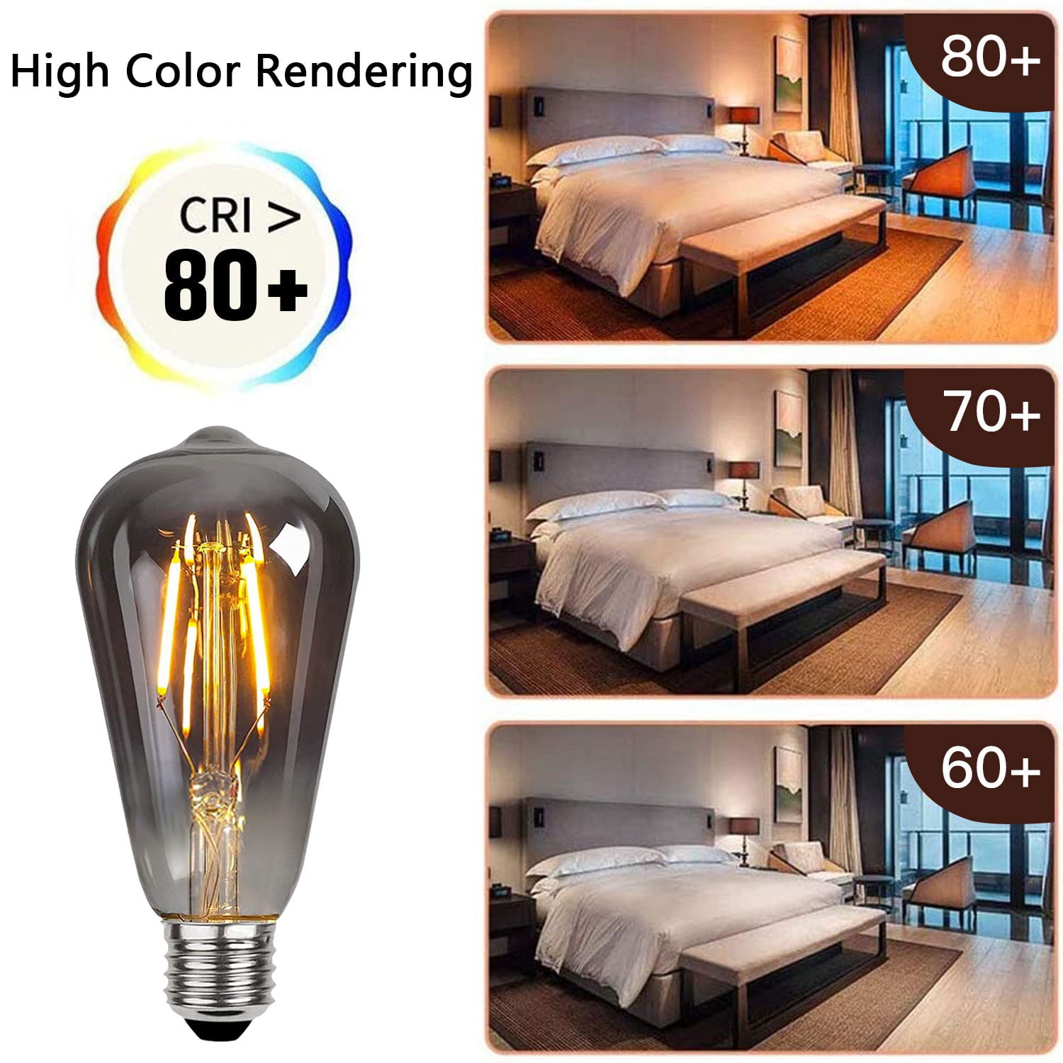 Roomrite LED Vintage Light Bulb, Edison Bulbs 4W (40W Equivalent) ST19 Warm Light Bulbs 2400K 300LM E26 Base,Non-Dimmable,Smoky-Gray Glass - 6 Pack