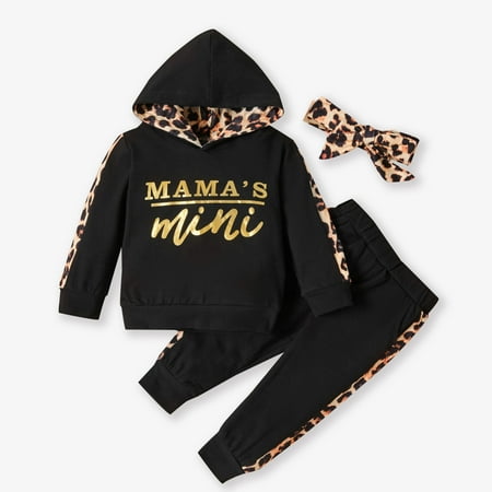 

PatPat Infant Baby Girls 3pcs Leopard Hoodie Set Long Sleeve Letter Print Hooded Sweatshirt Elastic Waist Jogger Pants Headband Newborn Tracksuit Outfit Winter Clothes 3-18Month