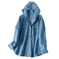 thumbnail image 3 of Women's Hooded Denim Shacket Oversized Button Down Long Sleeve Hoodie Jacket with Pockets Relaxed Fit Casual Coat for Daily Commute Weekend Outings, 3 of 10